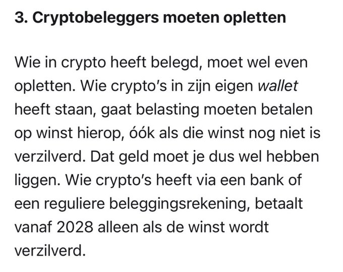 Dutch text titled '3. Cryptobeleggers moeten opletten' explaining tax rules for crypto held in personal wallets versus regulated investment accounts starting in 2028.