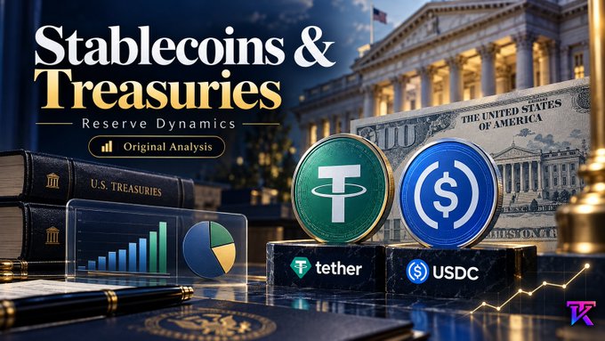An image depicting the intersection of stablecoins and U.S. Treasuries, featuring Tether (USDT) and USDC coins alongside "U.S. TREASURIES" books and the U.S. Capitol building, illustrating how stablecoin reserves relate to U.S. government debt amid a $300 billion stablecoin market.