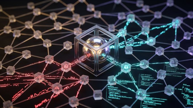 An abstract 3D rendering shows a metallic sphere within a transparent cube at the center of a network of interconnected cubes, with glowing teal and red data streams flowing through the nodes.