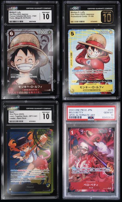 Four CGC-graded One Piece trading cards displayed in protective slabs, including cards featuring Monkey D. Luffy (graded 10), Nami (graded 10), and Belo Betty.