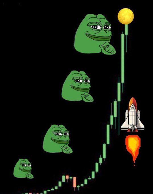 Multiple Pepe the Frog meme characters are arranged alongside a rising green candlestick chart and a launching rocket with flames on a black background.