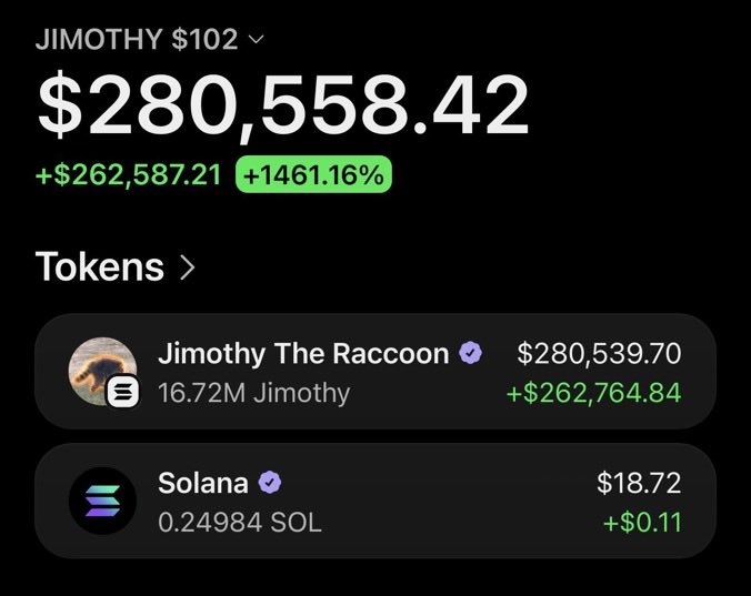 A crypto wallet screenshot shows a JIMOTY token position worth $280,558.42, up +1461.16% (+$262,587.21), with holdings of 16.72M Jimothy The Raccoon tokens and 0.24984 SOL ($18.72), illustrating the post's claim of a $102 investment turning into over $280,000 in one day.