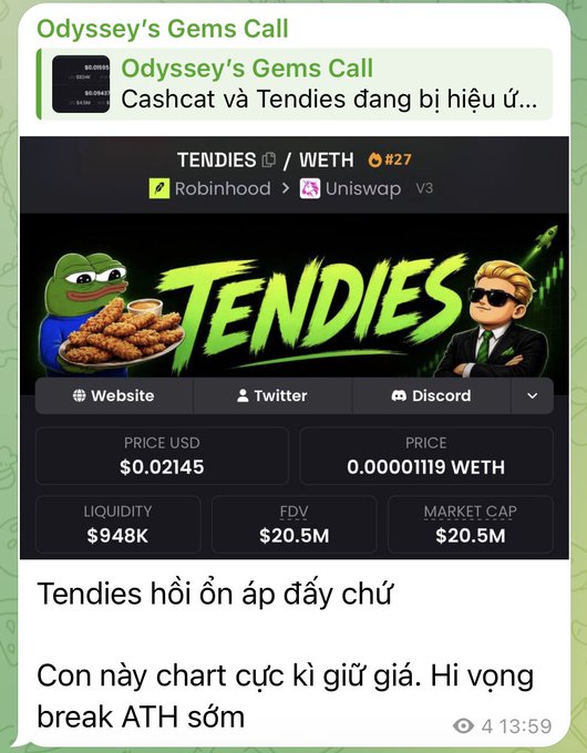 A Telegram/Discord post titled 'Odyssey's Gems Call' discussing the TENDIES / WETH token (#27), showing a price of $0.02145, liquidity of $948K, and FDV/Market Cap of $20.5M, with comments in Vietnamese.