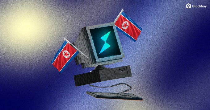 A digital illustration depicts a retro computer monitor displaying a blue lightning bolt logo, flanked by two North Korean flags, with a keyboard and mouse below, credited to 'Blockhay' in the corner.
