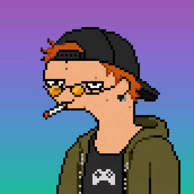A pixel-art style profile picture of a character wearing a backwards black cap, glasses, a green jacket, and smoking a cigarette against a purple-to-blue gradient background.