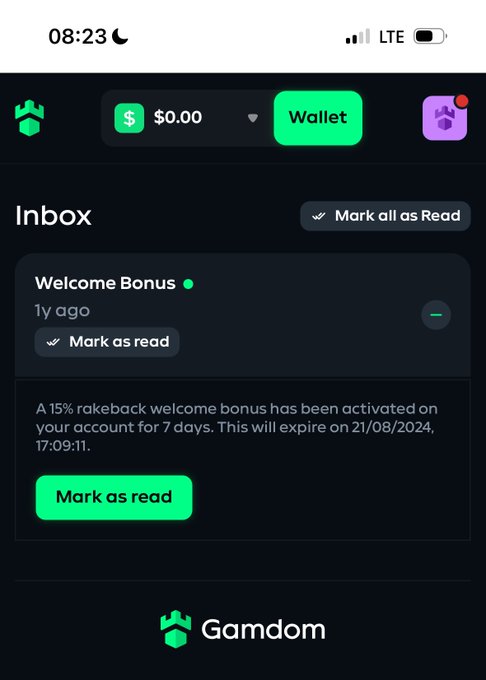 A mobile app screenshot of 'Gamdom' displaying an inbox message about a '15% rakeback welcome bonus' activated for 7 days, expiring on 21/08/2024, with a wallet balance of $0.00.