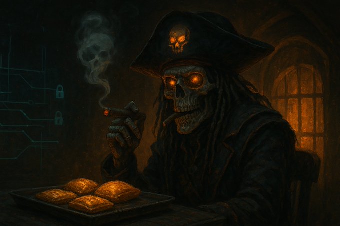 A digital artwork depicting a skeletal pirate with glowing orange eyes wearing a tricorn hat, smoking a cigar while seated near a tray of pastries in a dimly lit room.
