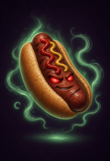 A cartoon illustration of a sinister-looking hot dog with glowing red eyes, a grinning face, and ketchup and mustard zigzags, surrounded by green smoke against a dark background.