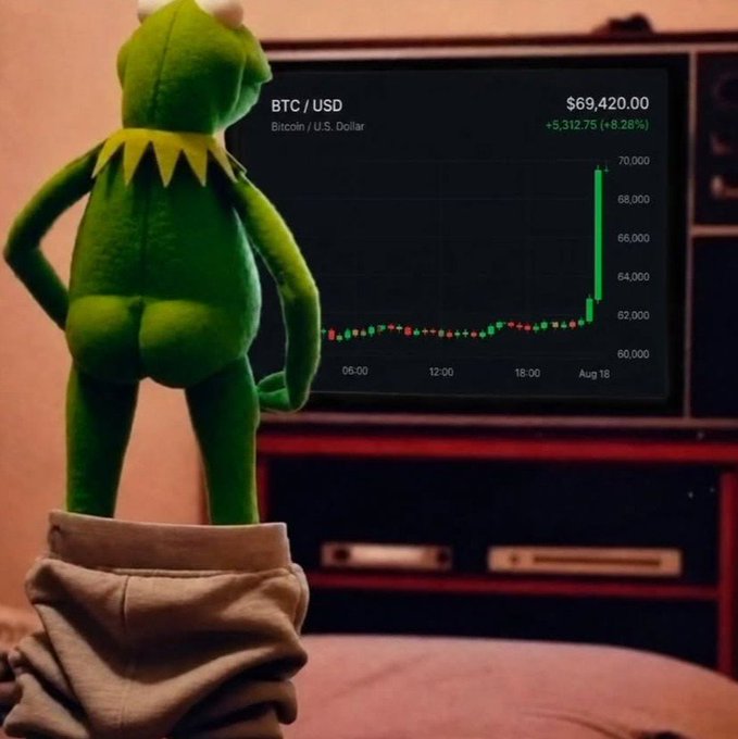 A Kermit the Frog plush toy facing a TV screen showing a BTC/USD chart at $69,420.00 with an +8.28% increase.