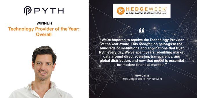 The image features a man wearing a white shirt smiling at the camera while standing against a gray background. The main focus of the image is a poster or banner that reads "Technology Provider of the Year: Overall Pyth has been recognized by the Hedgeweek Global Digital Assets Awards 2026 for powering the next generation of financial markets." This text highlights the achievement of the technology provider, Pyth, and its impact on the global financial market.