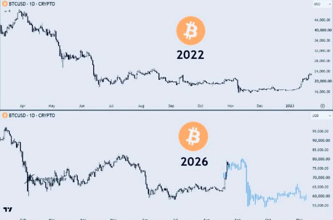 The image shows two TradingView BTCUSD charts comparing Bitcoin's price action in 2022 versus 2026, with both featuring Bitcoin logos and showing similar downtrend patterns. The accompanying post questions whether the 2026 chart will mirror 2022 by forming one final bottom before the next bull cycle, highlighting the visual similarity in price trajectories between the two years.