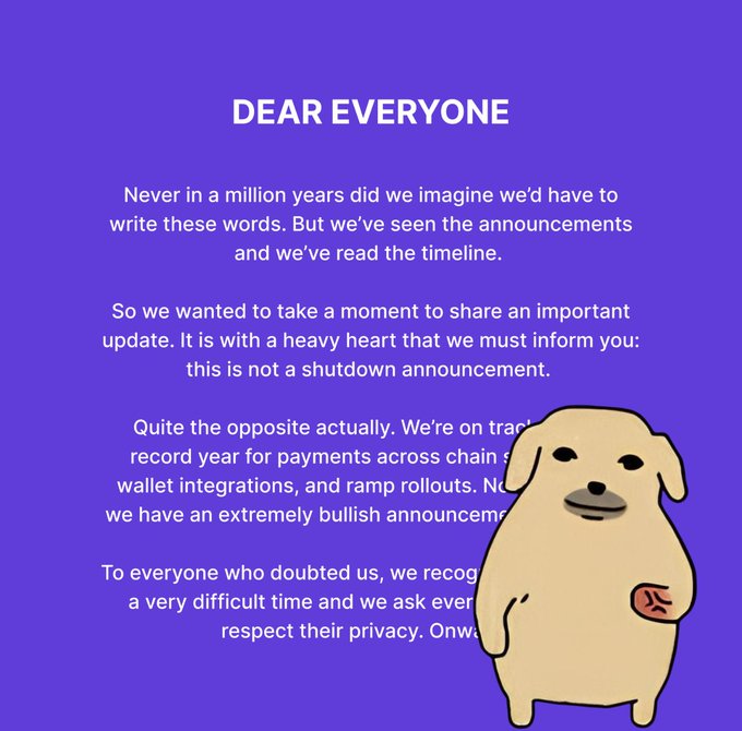 An announcement graphic with a purple background headed 'DEAR EVEVEONE' containing text about a shutdown announcement, accompanied by a cartoon dog illustration.