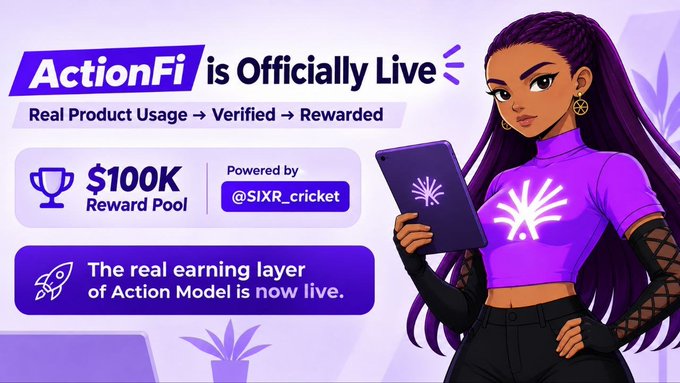 A vibrant purple promotional graphic announcing "ActionFi is Officially Live" with a $100K Reward Pool powered by @SIXR_cricket, featuring an illustrated woman with long purple hair holding a tablet. The image visually reinforces the post's message about ActionModelAI's new browser extension that rewards users for real product usage rather than superficial engagement.