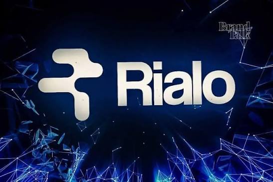 A promotional graphic for 'Rialo' featuring its logo with a stylized 'F' symbol and a 'Brand link' watermark on a blue tech-themed background.
