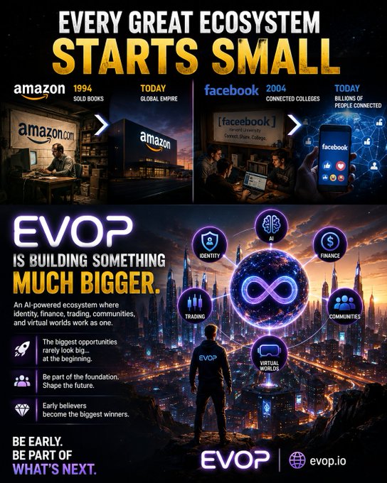 This promotional graphic for EVOP (evop.io) features the headline "EVERY GREAT ECOSYSTEM STARTS SMALL," comparing Amazon's 1994 book-selling origins to its current global empire, and Facebook's 2004 college-connecting roots to its billions of users today. The ad then positions EVOP as building a much larger AI-powered ecosystem connecting identity, finance, trading, communities, and virtual worlds, with the tagline "BE EARLY. BE PART OF WHAT'S NEXT." A figure wearing an "EVOP" jacket stands overlooking a futuristic cityscape filled with interconnected icons representing each sector, visually reinforcing the post's theme that early adopters of transformative platforms stand to gain the most.