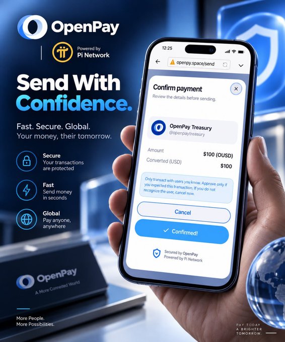 A hand holds a smartphone displaying the OpenPay app's "Confirm payment" screen for $100 (OUSD) to OpenPay Treasury, featuring Cancel and Confirmed! buttons, set against a blue tech-themed background with the OpenPay logo, "Powered by Pi Network" badge, and taglines "Send With Confidence," "Fast. Secure. Global.," and three feature icons highlighting security, speed, and global reach. The image visually reinforces the post's message by showcasing OpenPay's user-friendly, secure transaction interface.