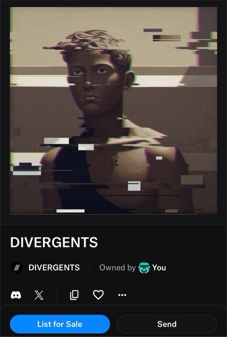 A digital interface screenshot displays an NFT titled "DIVERGENTS," which is owned by "You," featuring a glitch-effect image of a male bust.