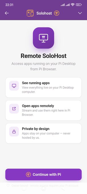 A mobile screenshot of the "Remote SoloHost" feature within the Pi app, displaying options to "See running apps," "Open apps remotely," and "Private by design," with a purple "Continue with Pi" button at the bottom. The image relates to the post's question about Pi node and Remote SoloHost functionality, showing the interface used to remotely access apps running on a Pi Desktop.