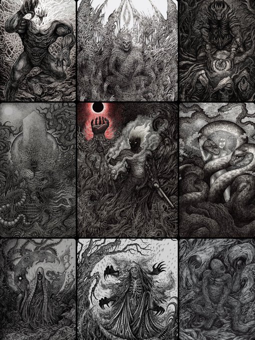 The image features a collection of nine black and white illustrations, each depicting different scenes or characters from various stories. These illustrations are part of an art series called "MyETH Art", which showcases the artist's unique style and creative vision. The artworks vary in size and subject matter, ranging from small to large pieces that capture the viewer's attention with their intricate details and thought-provoking themes.