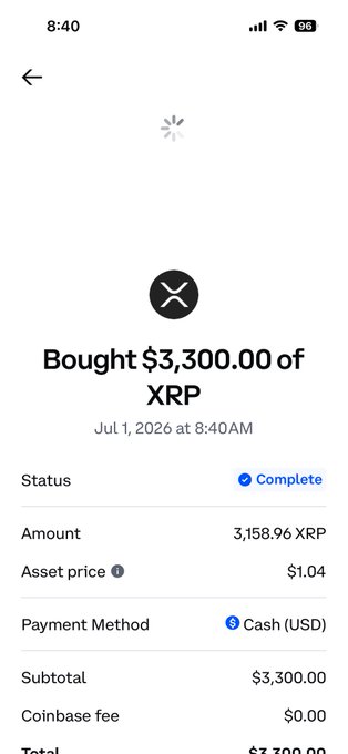 A Coinbase transaction confirmation screen showing a completed purchase of $3,300.00 worth of XRP (3,158.96 XRP at $1.04 per coin) on July 1, 2026 at 8:40 AM, paid with cash (USD) with a $0.00 fee—directly matching the post about buying 3,158 XRP.