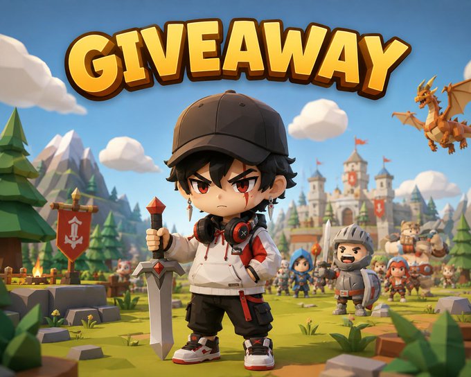 A colorful fantasy game giveaway graphic features a chibi knight holding a sword, with “GIVEAWAY” in large yellow letters above a castle landscape.