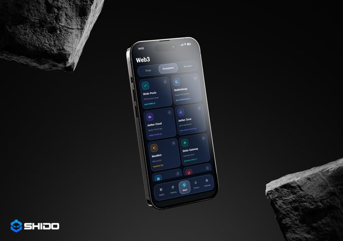 The image features a smartphone displaying its screen with a list of various apps. The phone's display shows that there are multiple apps available for use, including one named "Shido Wallet V4" which seems to be related to DeFi or NFT management. The app is designed to make navigating the Shido ecosystem effortless and intuitive, providing users with a seamless experience across all aspects of their digital lives.