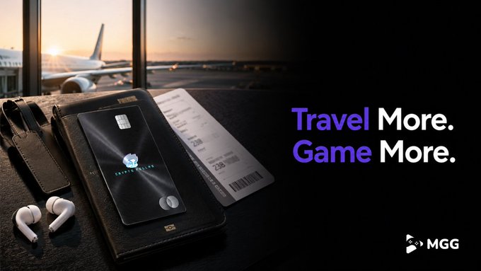 A sleek Cryptofellas Card sits on a passport and boarding pass beside wireless earbuds, with an airplane visible through the terminal window at sunset, while the bold text "Travel More. Game More." and the MGG logo reinforce the post's message of converting gaming winnings into seamless travel experiences.