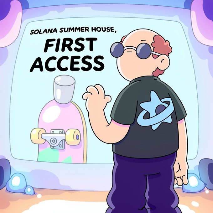 A cartoon-style promotional graphic reading 'SOLANA SUMMER HOUSE, FIRST ACCESS' featuring a bald man with glasses wearing a black t-shirt with the Solana logo, standing next to a skateboard.