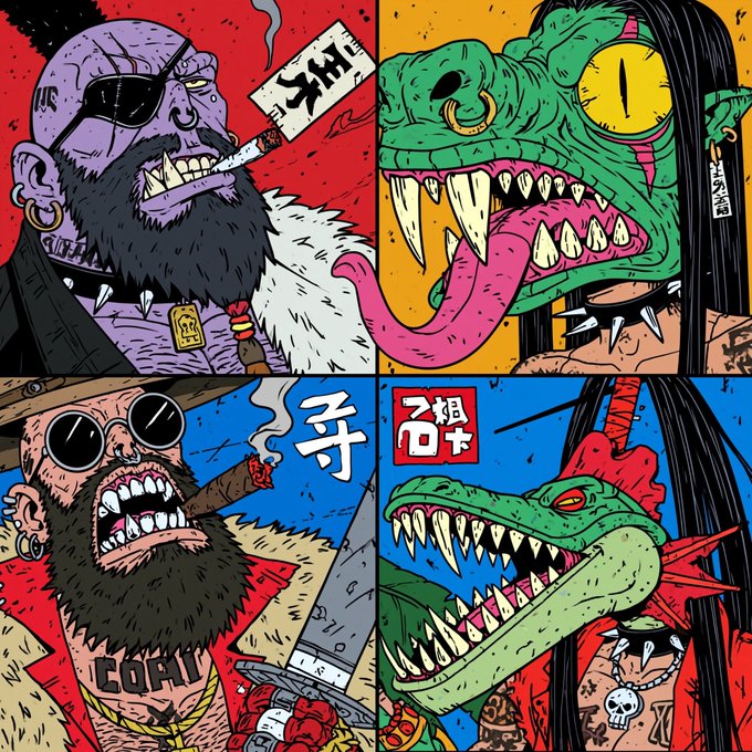 A four-panel comic illustration featuring two bearded, sunglass-wearing tough characters alongside two reptilian/demonic creatures, styled with bold colors, Japanese kanji characters, and 'COFF' and 'BAYC' text tattooed on skin.