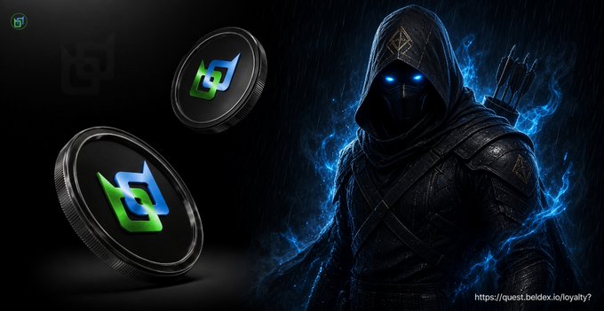 A promotional image for Beldex featuring dark hooded figures with glowing blue eyes and coins with the Beldex logo, with text "PRIVACY BY DEFAULT, FUTURE BY DESIGN" and "https://quest.beldex.io/loyalty".