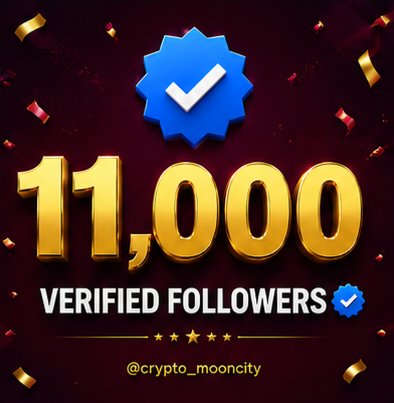 A celebratory graphic featuring a large blue verification badge above the golden 3D text "11,000 VERIFIED FOLLOWERS" with the handle "@crypto_mooncity," visually reinforcing the post's promotion of 11K+ verified followers and inviting users to type "HI" for account growth.