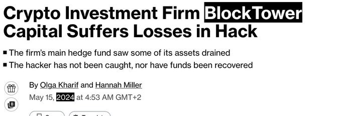 A news headline reads 'Crypto Investment Firm BlockTower Capital Suffers Losses in Hack' by Olga Kharif and Hannah Miller, dated May 15, 2024, with bullet points noting assets were drained and the hacker remains uncaptured.
