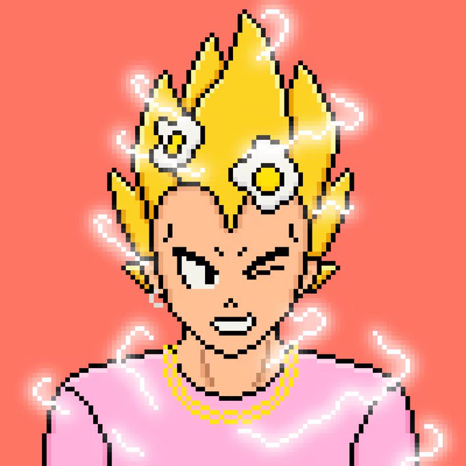 A pixel art illustration of a character with spiky blonde hair, wide eyes, and a pink shirt against a coral background, wearing gold necklaces.
