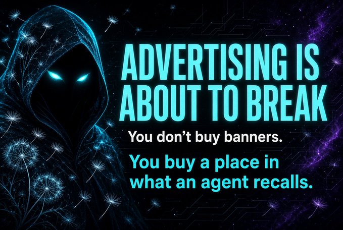 A dark, sci-fi style graphic with a hooded figure featuring glowing blue eyes, stating "ADVERTISING IS ABOUT TO BREAK" and "You buy a place in what an agent recalls."