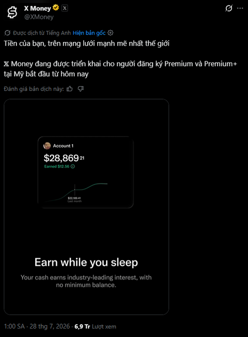 A tweet from "X Money (@XMoney)" in Vietnamese announcing the rollout of X Money for Premium and Premium+ subscribers in the US, featuring an account balance graphic showing "$28,869.81" and "Earn $12.56" with the tagline "Earn while you sleep."