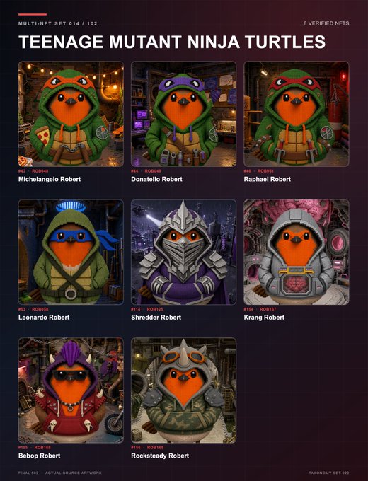 A 'TEENAGE MUTANT NINJA TURTLES' NFT collection page (014/102) displaying 8 verified character cards including Michelangelo Robert, Donatello Robert, Raphael Robert, Leonardo Robert, Shredder Robert, Krang Robert, Bebop Robert, and Rocksteady Robert.