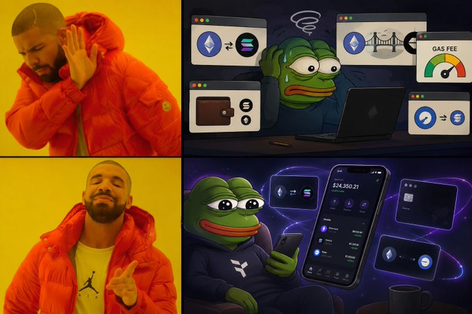 The image shows two cartoon drawings of a man wearing an orange jacket holding a cell phone with a green frog on it. The first drawing depicts the man standing next to his cell phone while the second drawing shows him sitting down with his cell phone. Both drawings include various elements related to Web3, such as wallets and coins, which are part of the meme's theme.