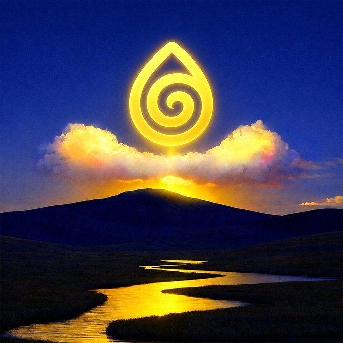 A glowing golden teardrop emblem with a spiral inside rises like a rising sun above silhouetted mountains, casting its light onto a winding river below. The luminous symbol and "bigger horizon" imagery visually echo aZen's message of something monumental approaching on the horizon, reinforcing the #DePIN and #aZen themes of forward motion and emerging opportunity.