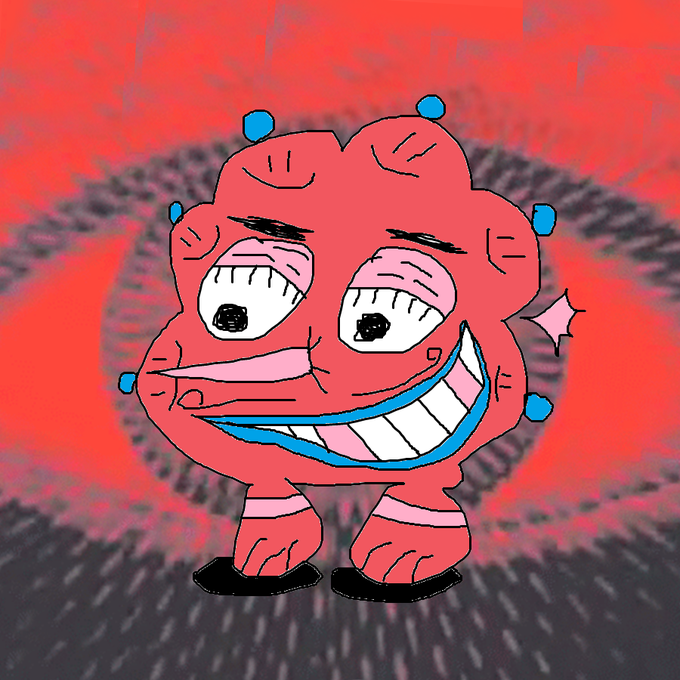 A cartoon illustration of a red, multi-lobed monster character with a large toothy grin, blue spikes, and droopy eyes against a red background with an eye motif.