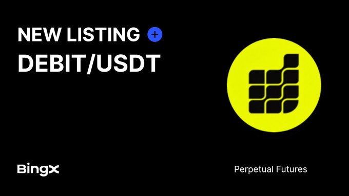 A BingX announcement graphic with a yellow circle logo announcing 'NEW LISTING: DEBIT/USDT' under the Perpetual Futures category.