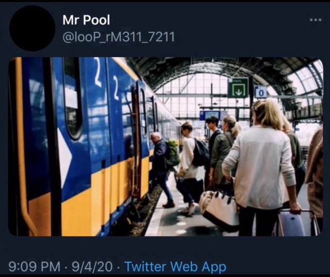 A screenshot of a Twitter post from "Mr Pool" (@looP_rM311_7211) showing passengers boarding a blue and yellow train at a station, paired with the caption about the XRP train preparing to depart and asking followers if they're comfortable with their bags.