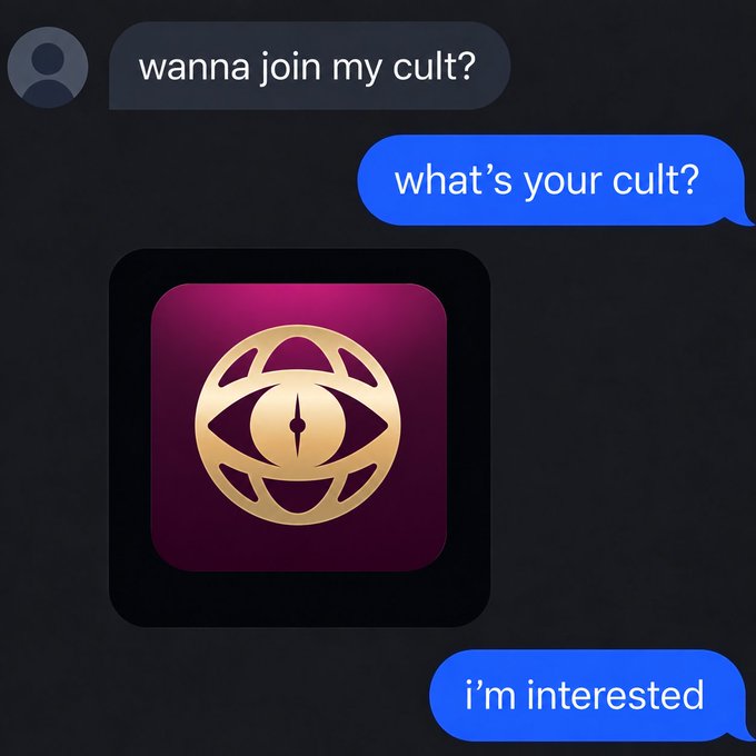 The image shows a text message exchange where one person asks "wanna join my cult?" and the recipient responds "what's your cult?" before being shown an app icon featuring a golden eye symbol on a dark maroon background, prompting them to reply "i'm interested." This playful recruitment pitch relates to the post's theme by humorously promoting the "Watch Fun Collectors" community or group, presenting membership in a lighthearted, tongue-in-cheek manner typical of crypto/collector culture.