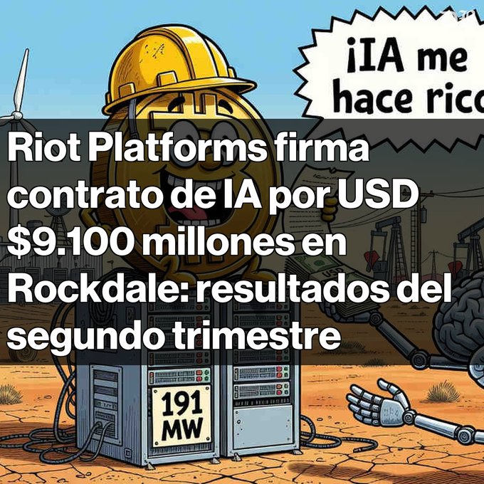 A graphic showing a Bitcoin mascot character with a hard hat, overlaid with Spanish text reading 'Riot Platforms firma contrato de IA por USD $9.100 millones en Rockdale: resultados del segundo trimestre' and a label '191 MW'.