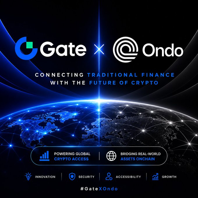 A promotional graphic for a partnership between Gate and Ondo, featuring the text 'CONNECTING TRADITIONAL FINANCE WITH THE FUTURE OF CRYPTO' over a digital globe, along with 'POWERING GLOBAL CRYPTO ACCESS' and 'BRIDGING REAL-WORLD ASSETS ONCHAIN', and the hashtag '#GateXOndo'.