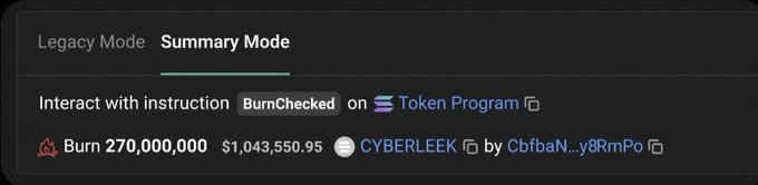 A dark interface panel showing "Summary Mode" with options to "Interact with instruction BurnChecked on Token Program," displaying a burn amount of 270,000,000 tokens worth $1,043,550.95 for the CYBERLEEK token.