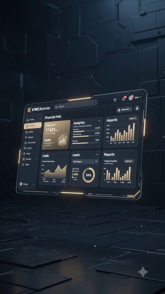 The image shows a computer screen displaying financial data from two different companies called "KYRO - Growth, Analytics, Business Intelligence ROKSTER" and "KYRO - Growth, Stability, Defense While KYRO.Business", respectively. The visual is set against a black background with neon yellow squares, giving it an futuristic feel. The text in the image highlights that this tool helps business owners understand their numbers and generate growth, while also ensuring stability and defense of their business operations.