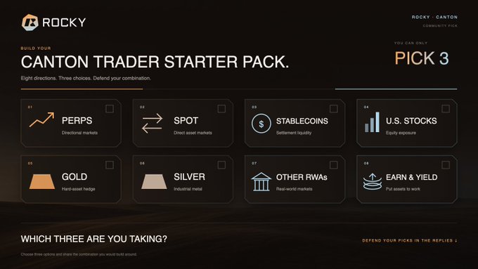 A 'Rocky' platform interface for a 'Canton Trader Starter Pack' contest, showing 8 options including Perps, Spot, Stablecoins, U.S. Stocks, Gold, Silver, Other RWAs, and Earn & Yield, with instruction 'PICK 3'.