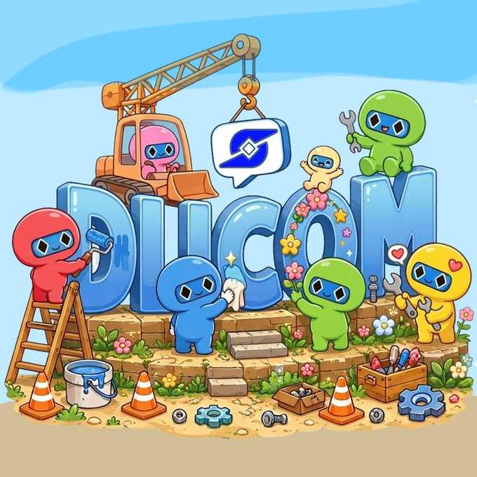 Colorful Among Us-style characters in red, blue, green, and yellow work together to build, paint, and repair large 3D letters spelling "DLICOM," with a crane hoisting a Dlicom logo sign—visually representing the post's theme of teamwork and collective community building.