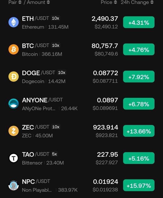 A cryptocurrency price list showing all assets in positive 24h territory, with ZEC up 13.66% to $923.91 and NPC up 15.97% to $0.01924—directly highlighting the two tickers ($NPC and $ZEC) featured in the caption "STUDY FUCKING WIZZ SEASON $NPC $ZEC."
