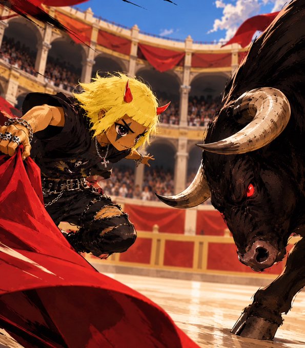 A stylized blond horned bullfighter charges a fierce black bull with red eyes inside a packed Roman-style arena, swinging a red cape.